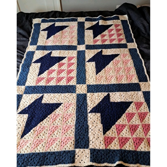 Handmade Other - Crocheted Handmade Afghan 60 X 32 Quilt Pattern Blue Pink